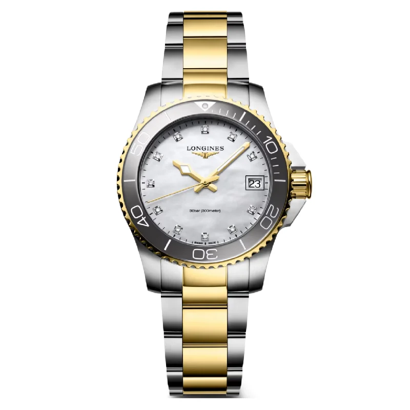 Women's Pilot Watches with Aviation Theme-Longines Hydroconquest White Mother-Of-Pearl Dial Women 32mm