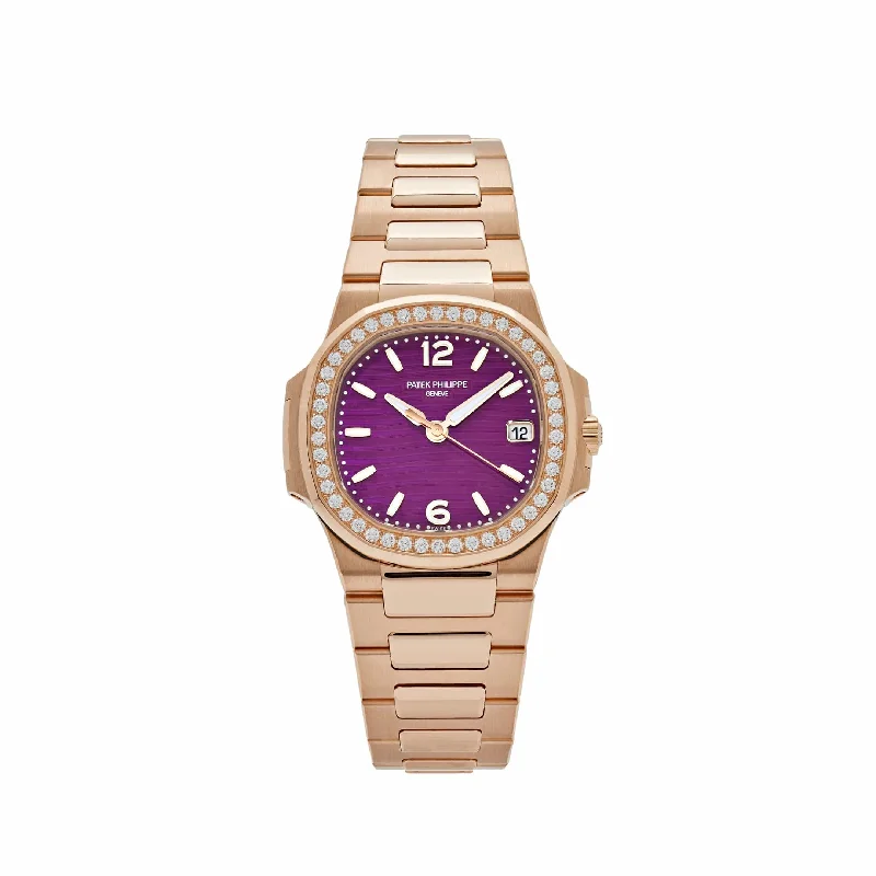 Men's Patek Philippe Watches for Retro Charm-Patek Philippe Nautilus 7010/1R-013 'Ladies' Quartz Rose Gold Purple Diamond Bezel (2024)