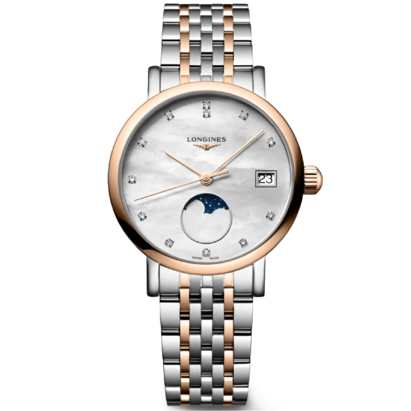 Women's Pilot Watches for High-End Collectors-Longines Elegant Moonphase White Mother-Of-Pearl Dial Men 30mm