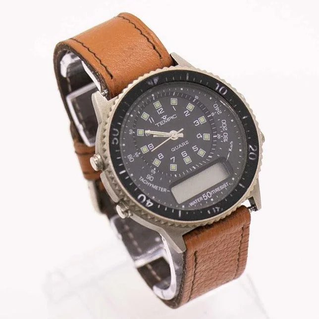 Women's Pilot Watches with Special Edition-Digital Analog Tempic Vintage Watch | 90s Tempic Tachymeter Watch