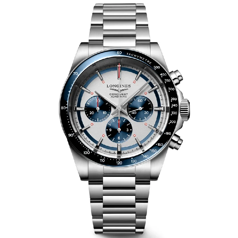 Women's Chronograph Watches with Classic Design-Longines Conquest 42mm Silver Dial Automatic Chronograph Gents Watch L3.835.4.98.6