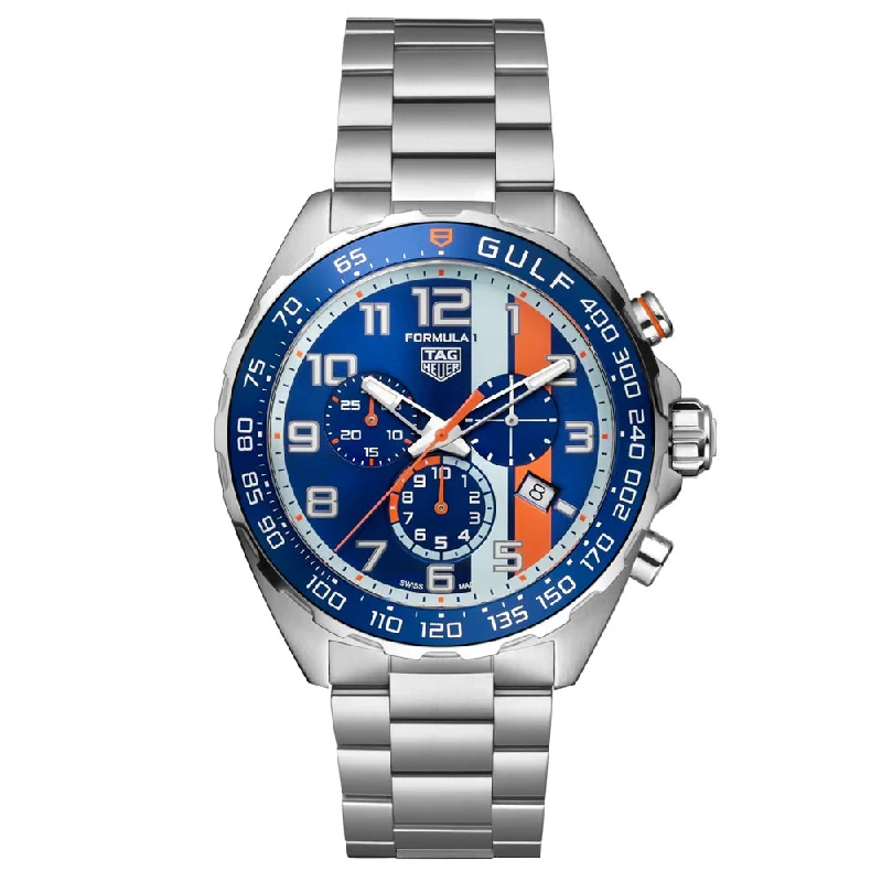 Women's Chronograph Watches for High-End Collectors-TAG Heuer Formula 1 Gulf Special Edition 43mm Blue Dial Quartz Chronograph Gents Watch CAZ101AT.BA0842