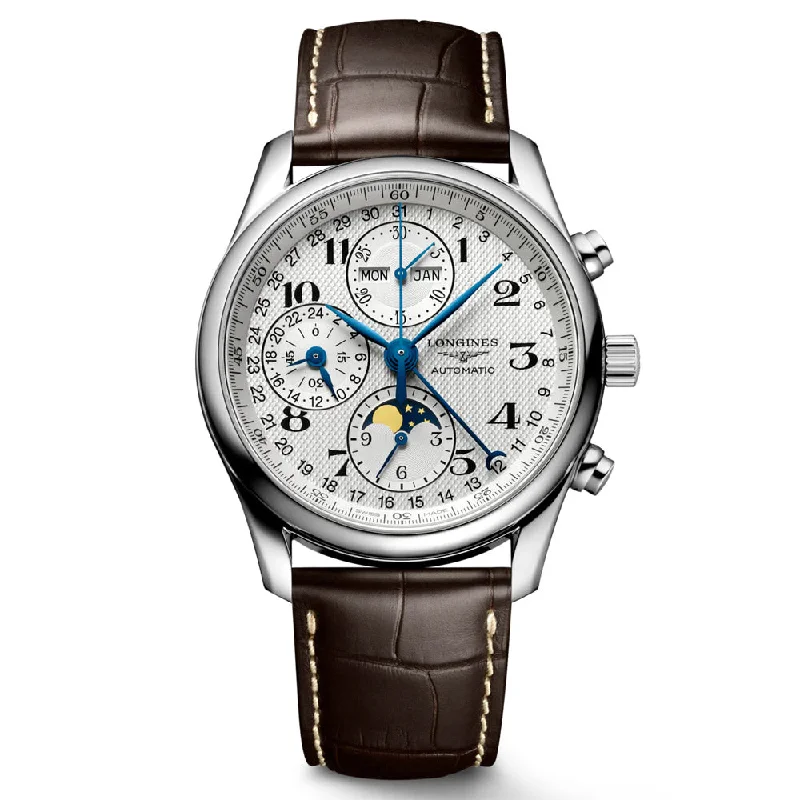 Women's Chronograph Watches for Workouts-Longines Master Collection 40mm Silver Dial Automatic Chronograph Day & Date Moonphase Gents Watch L2.673.4.78.3