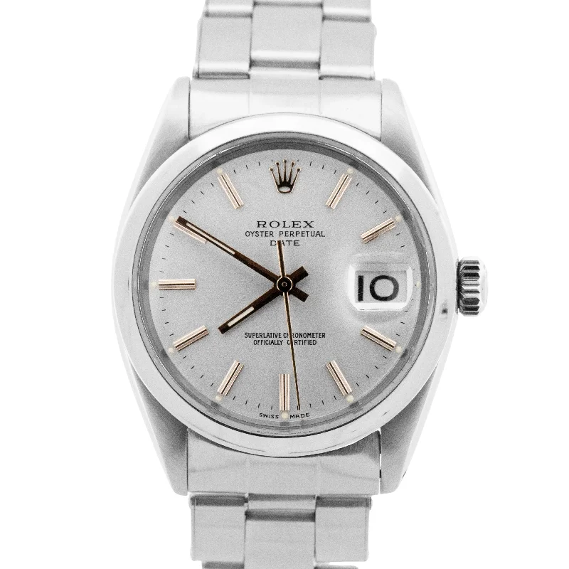 Women's Rolex Romantic Dinner Design Watches-1966 Rolex Oyster Perpetual Date Silver 34mm Stainless Steel Oyster Watch 1500
