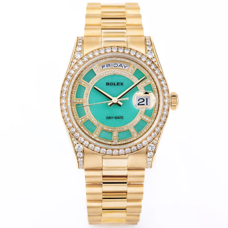 men's Rolex watches with aluminum bezel insert -Unworn Rolex Day-Date | REF. 118388 | Carousel Green Jade Dial  | Diamond Dial, Bezel & Shoulders | 18k Yellow Gold