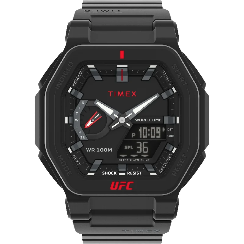 Women's Chronograph Watches with Vintage Inspiration-Timex UFC Strength Black Dial Octogonal Case Quartz Chronograph Analog Digital Men Watch