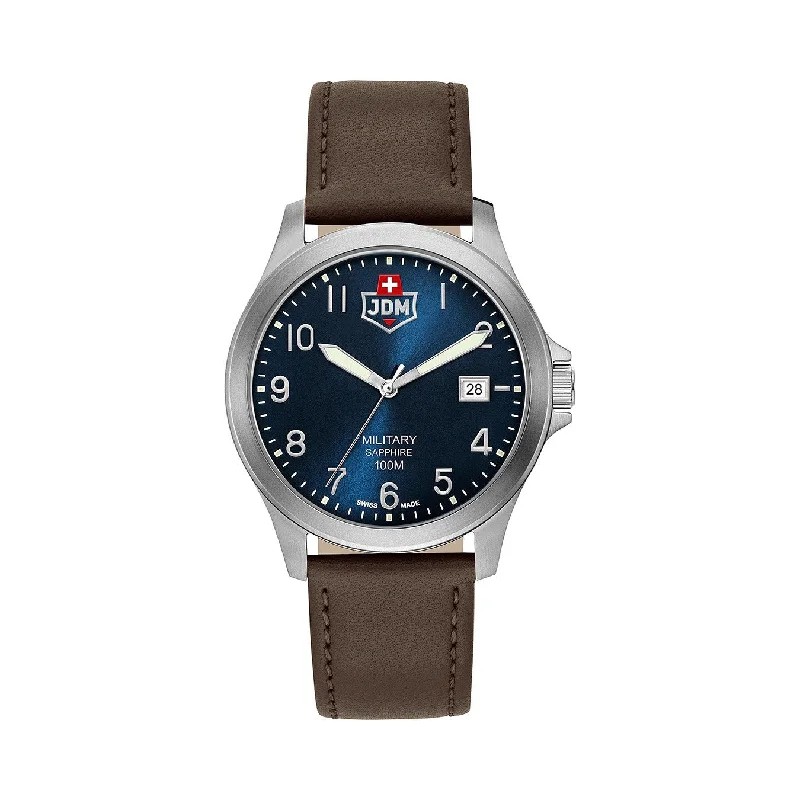 Men's Military Watches for Jazz Clubs-JDM Military Alpha I Men's Blue Dial Brown Leather Strap Watch JDM-WG001-03 – Swiss Made, Sapphire Crystal, 10 ATM Water Resistance, Date Function