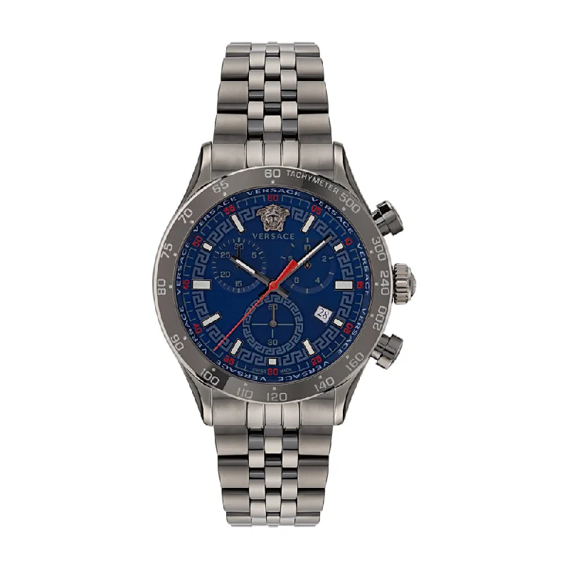 Women's Chronograph Watches with Luxury Materials-Versace Hellenyium Blue Dial Round Case Swiss Quartz Chrono Men Watch