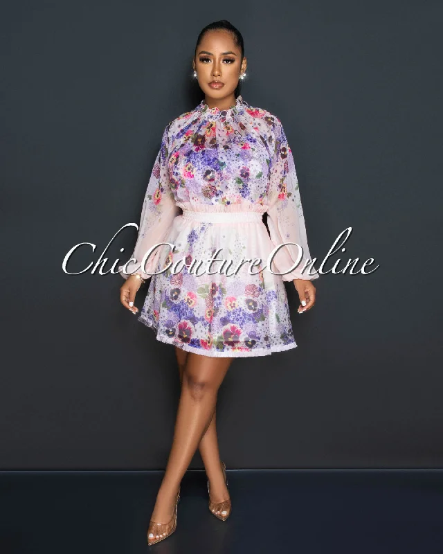 Aisha Pink Purple Print Sheer Shirt & Flutter Skirt Set