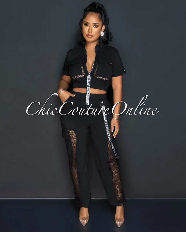 Beller Black Crop Top & Jogger Cargo Pants Fishnet Set