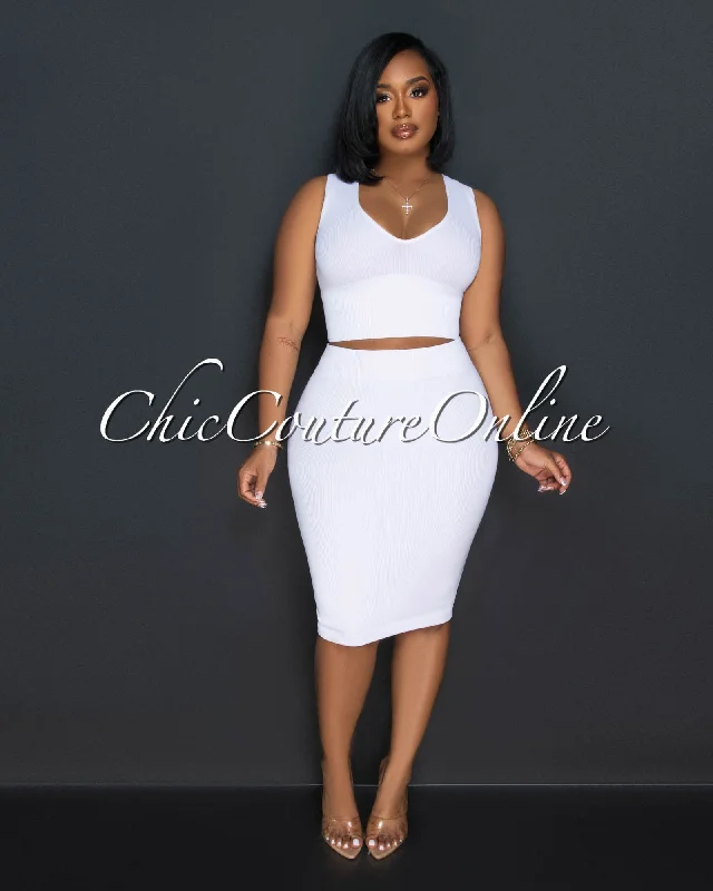 Ebanks White Ribbed SCULPTING Crop Top & Skirt Set