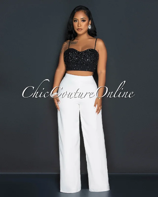 Emara Black Rhinestones Crop Top & Off-White Wide Pants Set