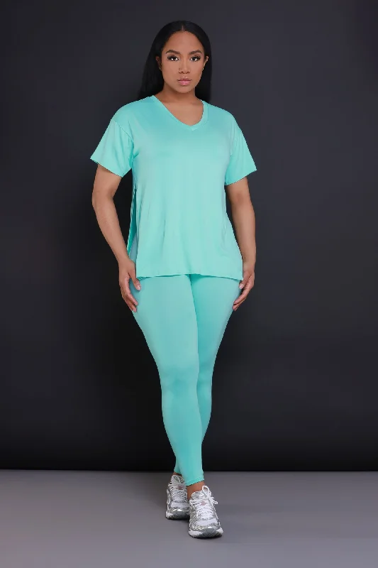 Open Mind Side Slit Short Sleeve Legging Set - Turquoise Blue