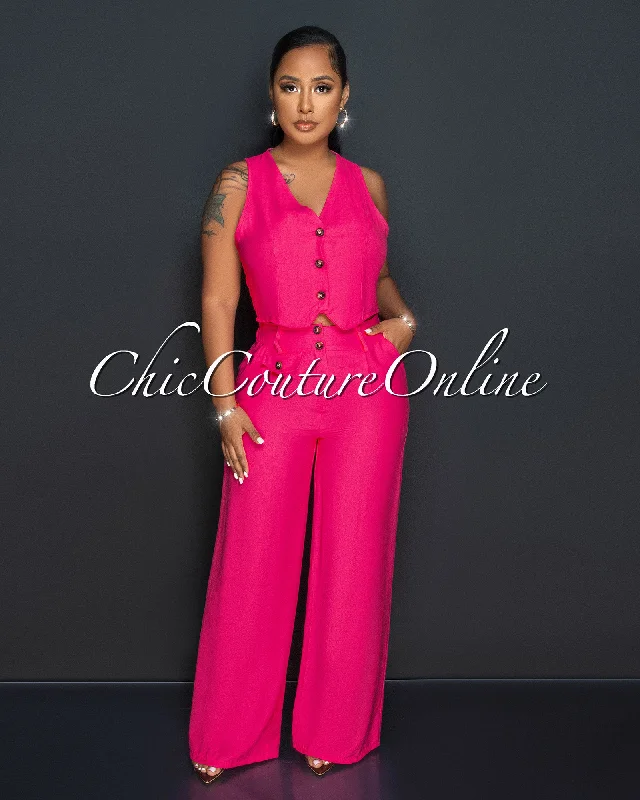 Orene Fuchsia Buttons Crop Top & Wide Pants Set