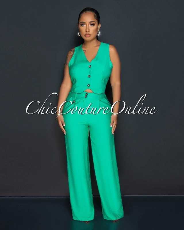 Orene Green Buttons Crop Top & Wide Pants Set