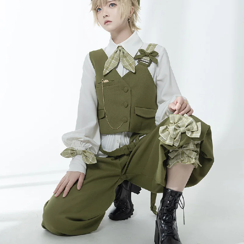 Secret Detective Ribbon Vest, Cropped Pants and Pleated Blouse (Moss Green) [Planned to be shipped from early June to late June 2023]