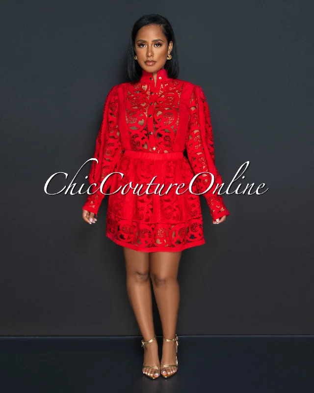 Sonya Red Crochet See-Though Blouse & Ruffle Skirt Set