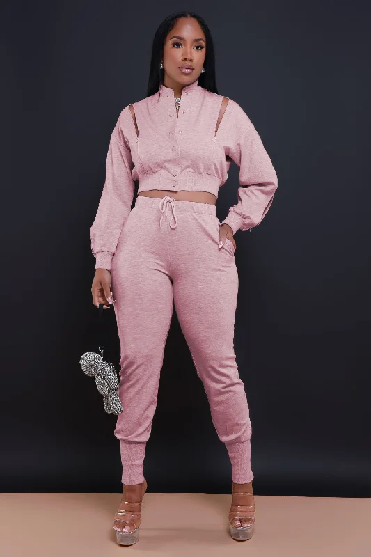 Top Priority Zippered Cropped Jogger Set - Salmon Pink