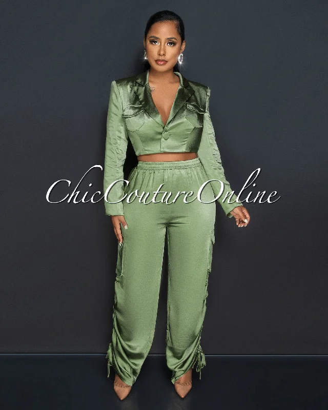 Vonetta Olive Green Crop Blazer & Cargo Pants Silky Set