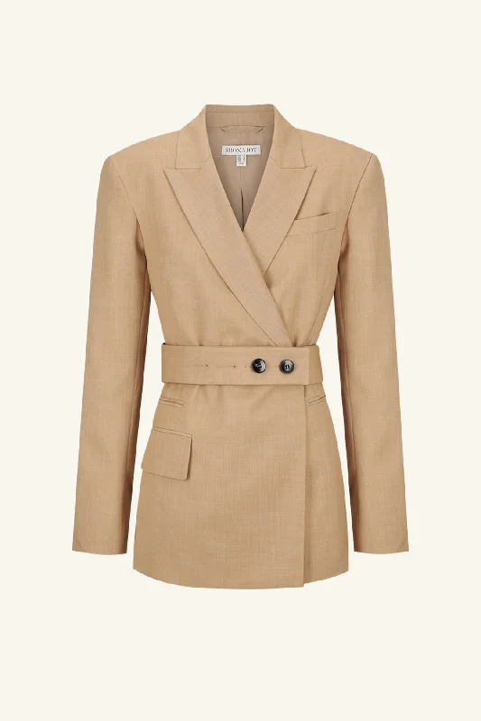 ASHER HOURGLASS DOUBLE BREASTED BLAZER WITH BELT - LATTE