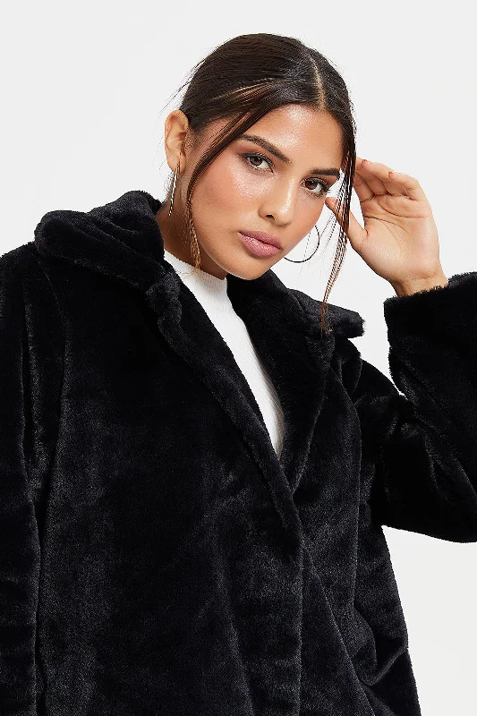 Women Plain Black Long Fur Jacket