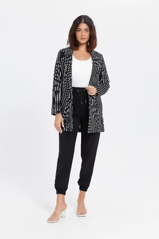 Women Black Stripes Roll-Up Sleeve Blazer