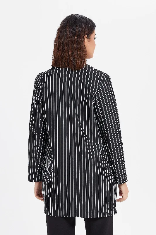 Women Black Stripes Roll-Up Sleeve Blazer