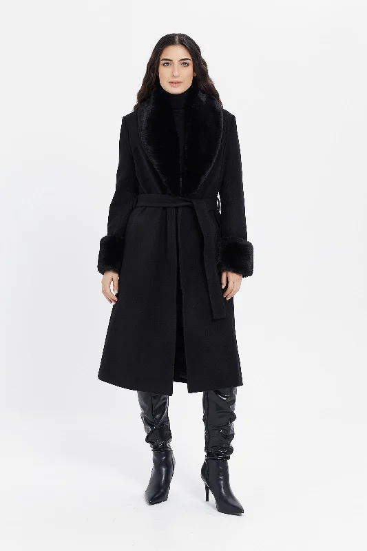 Women Black Faux Fur Belted Coat