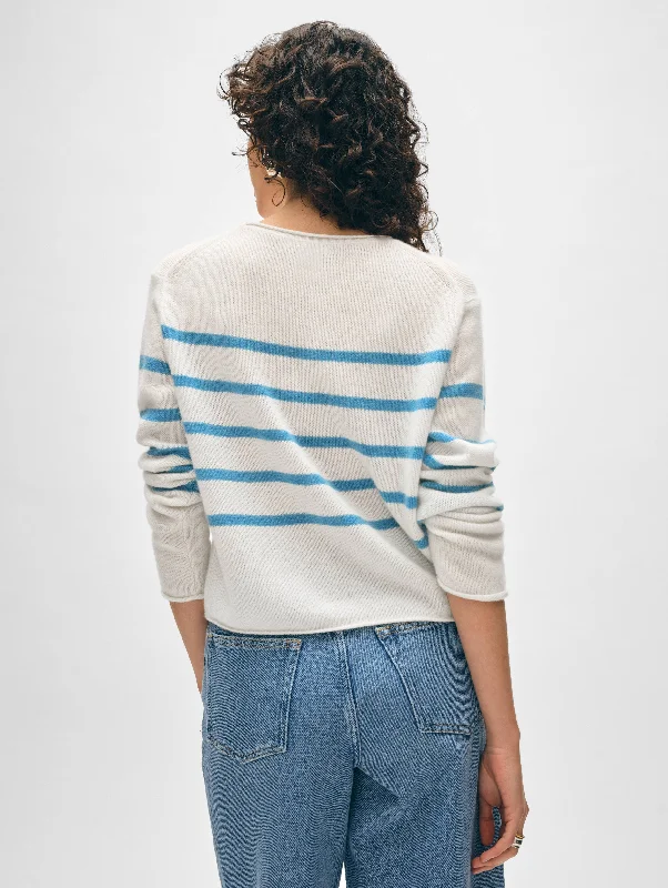 Cashmere Striped Roll Trim Crewneck