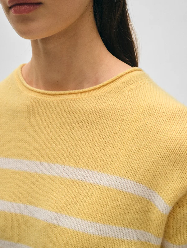 Cashmere Striped Roll Trim Crewneck