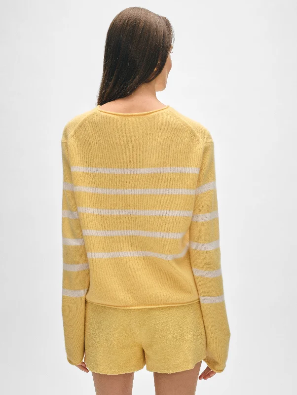 Cashmere Striped Roll Trim Crewneck