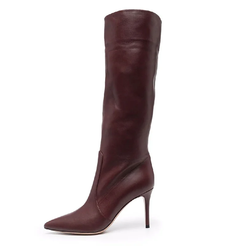 Burgundy PU Plus Size Pointed Toe Knee-length Boots +