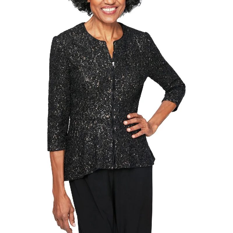 Alex Evenings Womens Lace Soutache Collarless Blazer