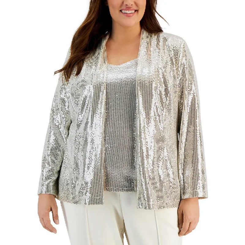 Anne Klein Womens Plus Metallic Dressy Open-Front Blazer