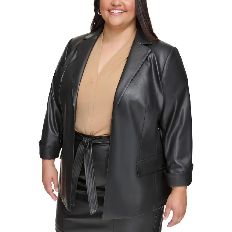 Calvin Klein Womens Plus Faux Leather Suit Separate Open-Front Blazer