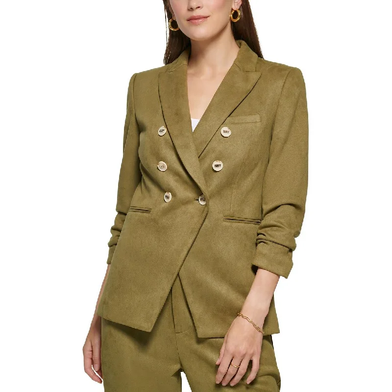 DKNY Womens Petites Faux Suede Ruched Double-Breasted Blazer