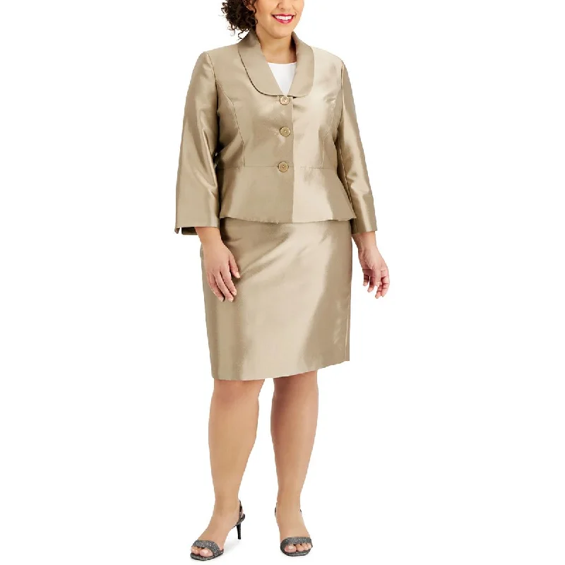 Le Suit Womens Plus Shimmer Shantung Double-Breasted Blazer