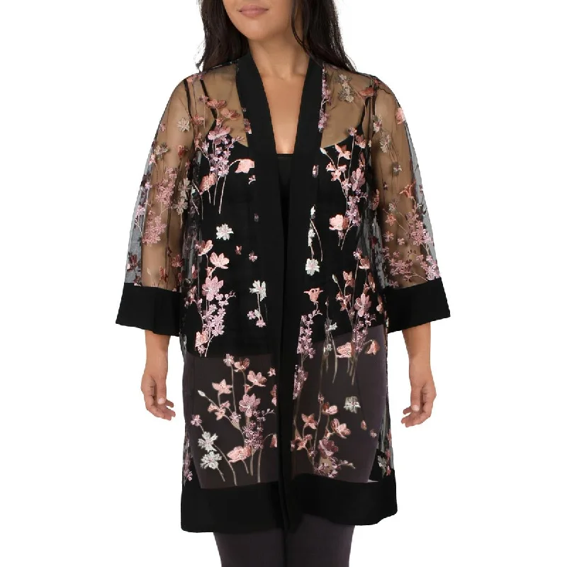 R&M Richards Womens Plus Embroidered Floral Collarless Blazer