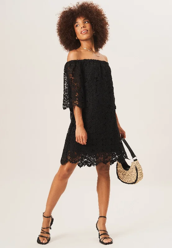 Black Lace Flare SL Oversized Bardot Mini Dress