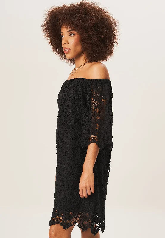 Black Lace Flare SL Oversized Bardot Mini Dress