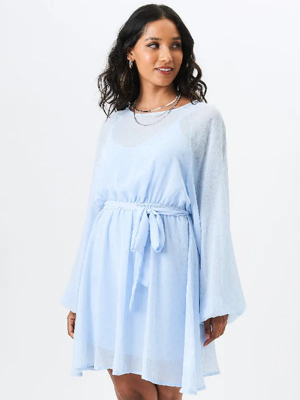 Blue Long Sleeve Chiffon Foil Mini Dress