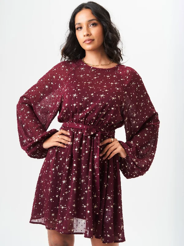 Burgundy Star Print Long Sleeve Mini Dress