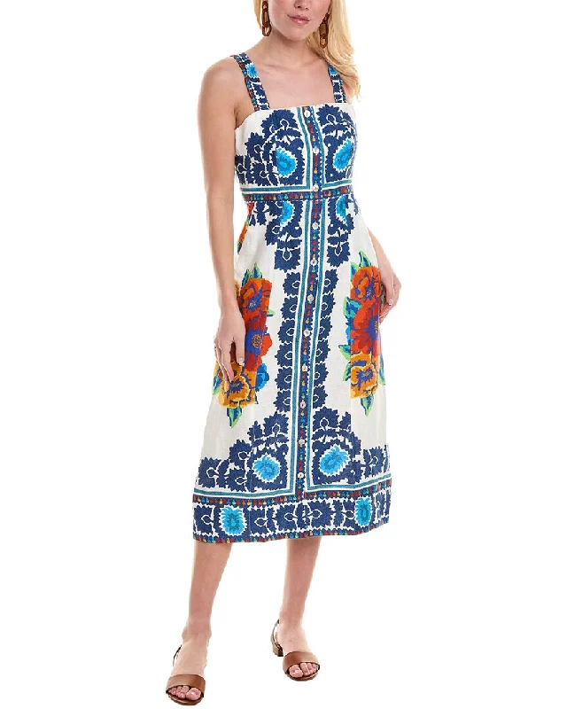 FARM Rio Flower Tapestry Button Front Linen Midi Dress