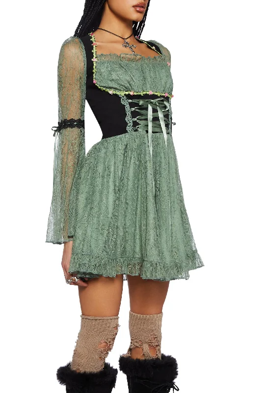 Myths N' Legends Mini Dress - Green Lace