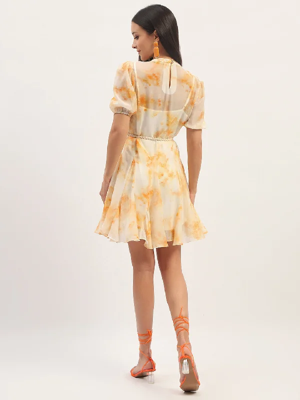 Madame Tie Dye Belted  Orange Rayon Blend Mini Dress