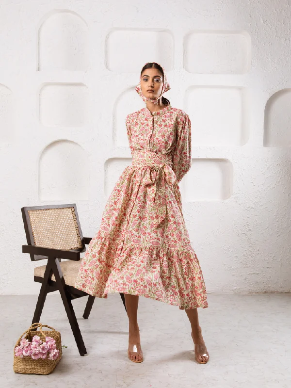 Pink Abbey Garden Dress - Hand Block Printed Midi Dress