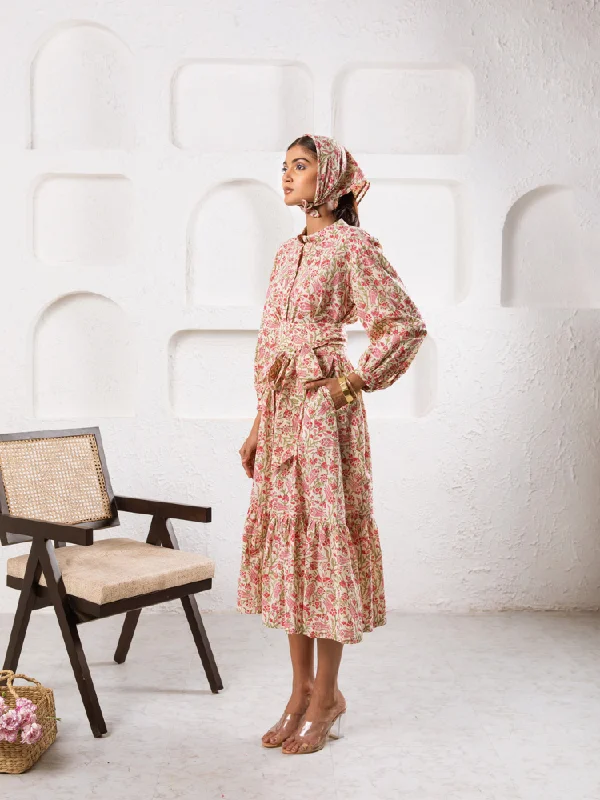 Pink Abbey Garden Dress - Hand Block Printed Midi Dress