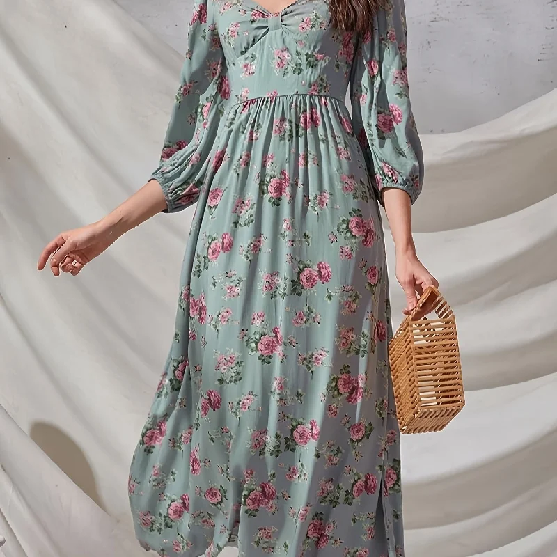 Sixsr Floral Print Squared Neck 3/4 Sleeve Dress, Elegant High Waist Ruffled Hem Maxi Dress, Women's Clothing