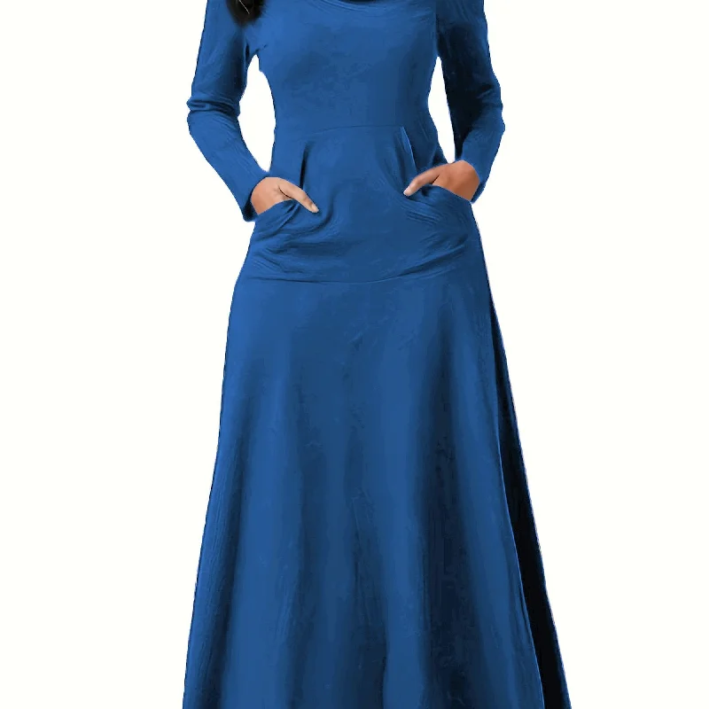 Sixsr Pile Collar Solid Maxi Dress, Elegant Long Sleeve Kangaroo Pocket Dress, Women's Clothing