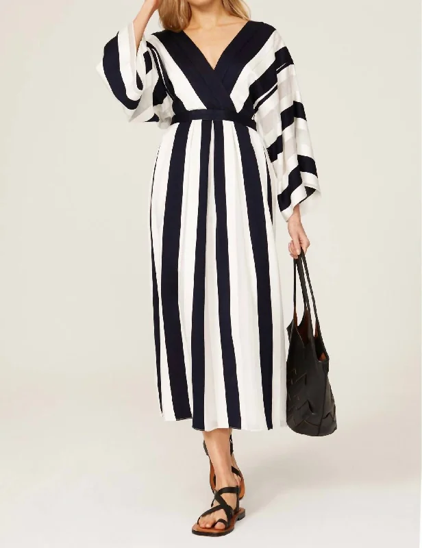 Striped Jacquard Kimono Midi Dress In Blue